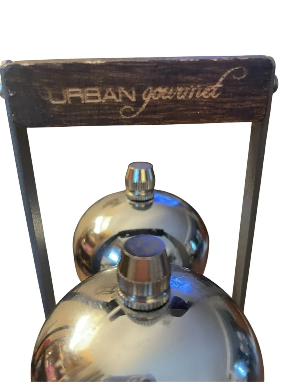Urban Gourmet salt and pepper tall acrylic grinders metal frame stand silver top